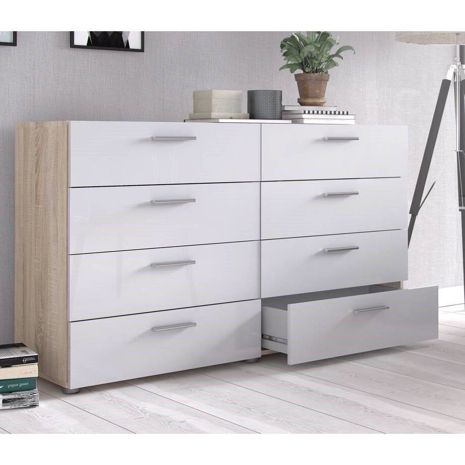 White Modern Bedroom 8-Drawer Double Dresser with Oak Finish Sides and Top-1