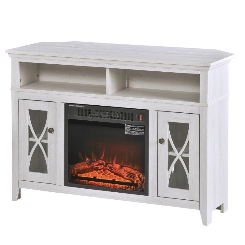 Rustic White Electric Fireplace Mantel TV Stand w/ Adjustable Shelves 2 Storage Cabinets-0