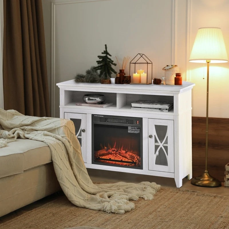 Rustic White Electric Fireplace Mantel TV Stand w/ Adjustable Shelves 2 Storage Cabinets-1