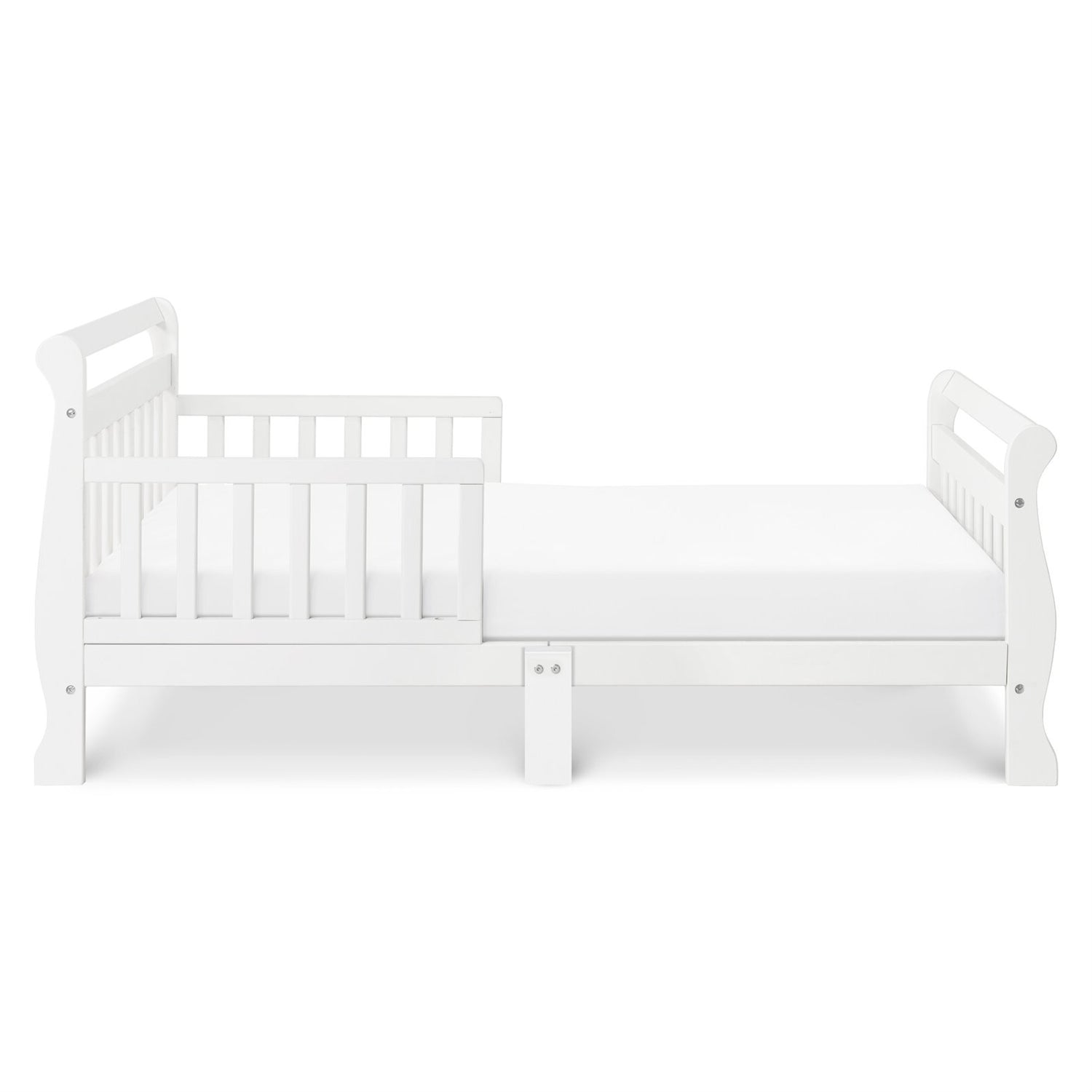 White Wooden Modern Toddler Sleigh Bed with Slatted Guard Rails-1