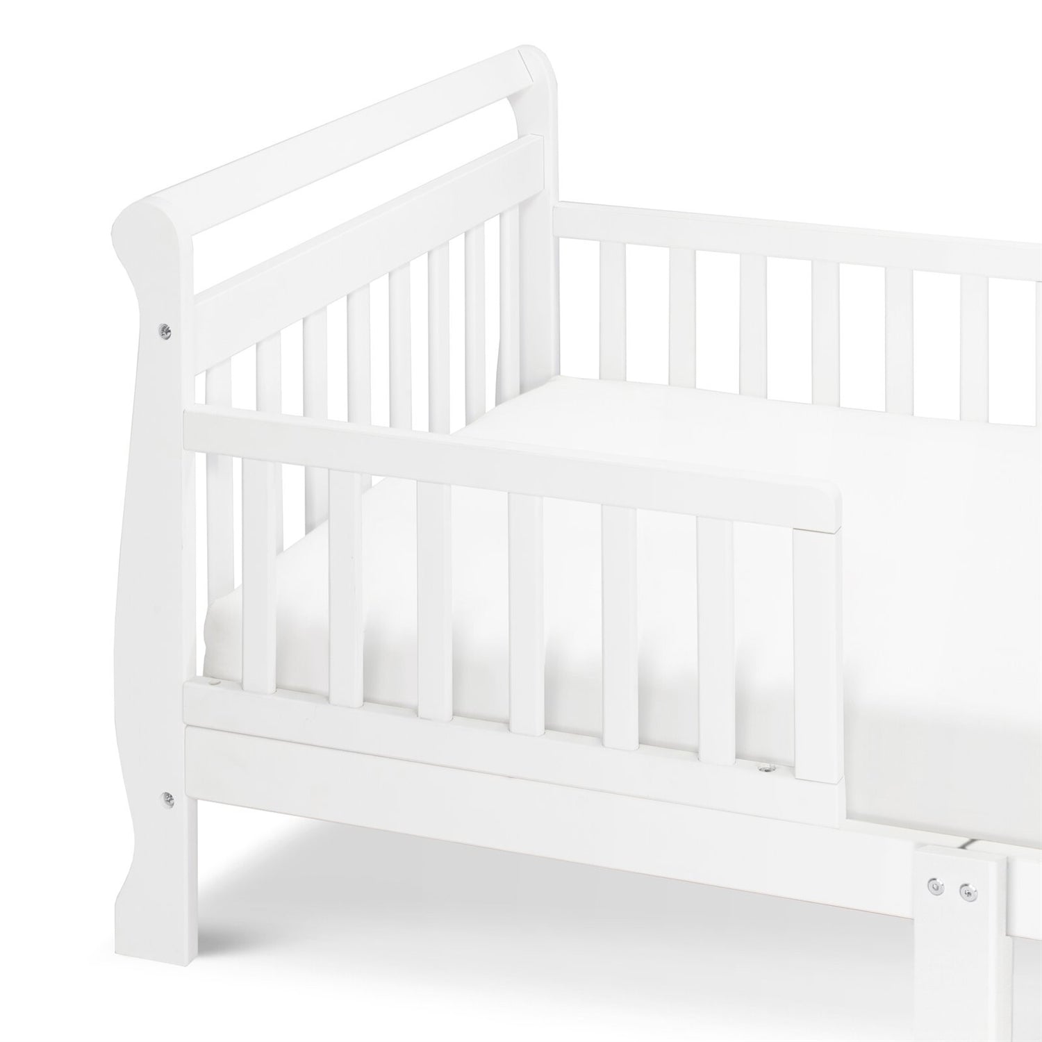 White Wooden Modern Toddler Sleigh Bed with Slatted Guard Rails-2