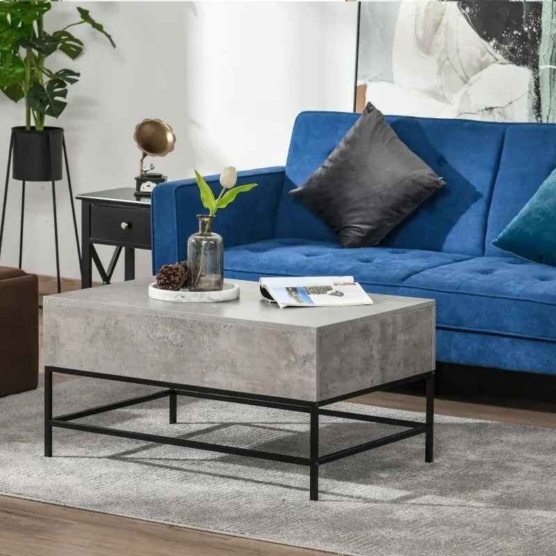 Modern Grey Lift Top Coffee Table w/ Hidden Storage Black Metal Legs-2