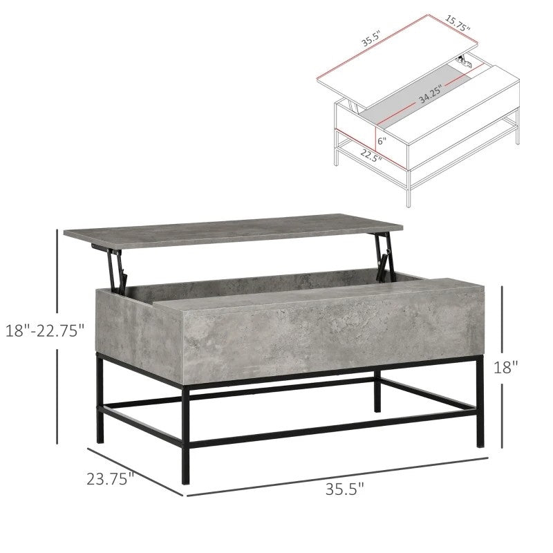 Modern Grey Lift Top Coffee Table w/ Hidden Storage Black Metal Legs-3