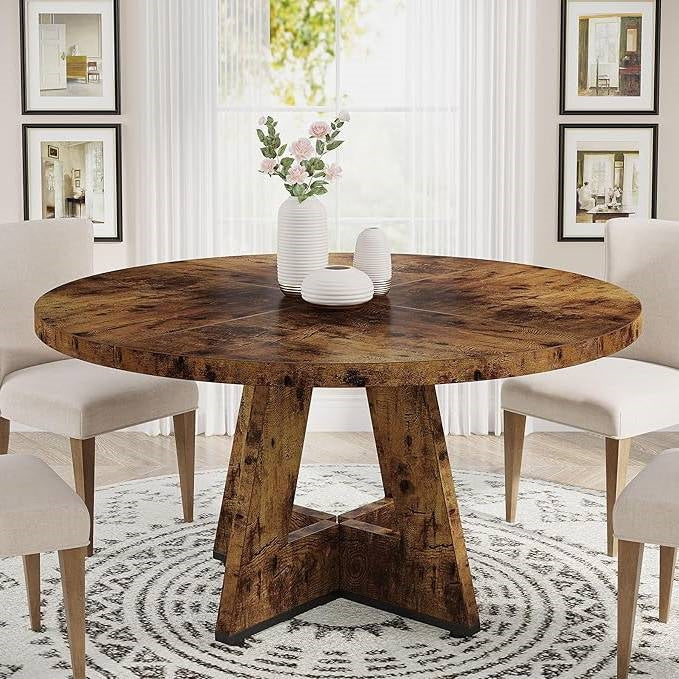 Modern Kitchen 4-Person Circular Dining Table in Rustic Brown Wood Finish-1