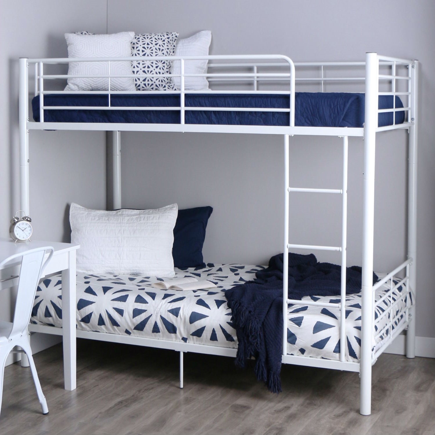 Twin over Twin Sturdy Steel Metal Bunk Bed in White Finish-0