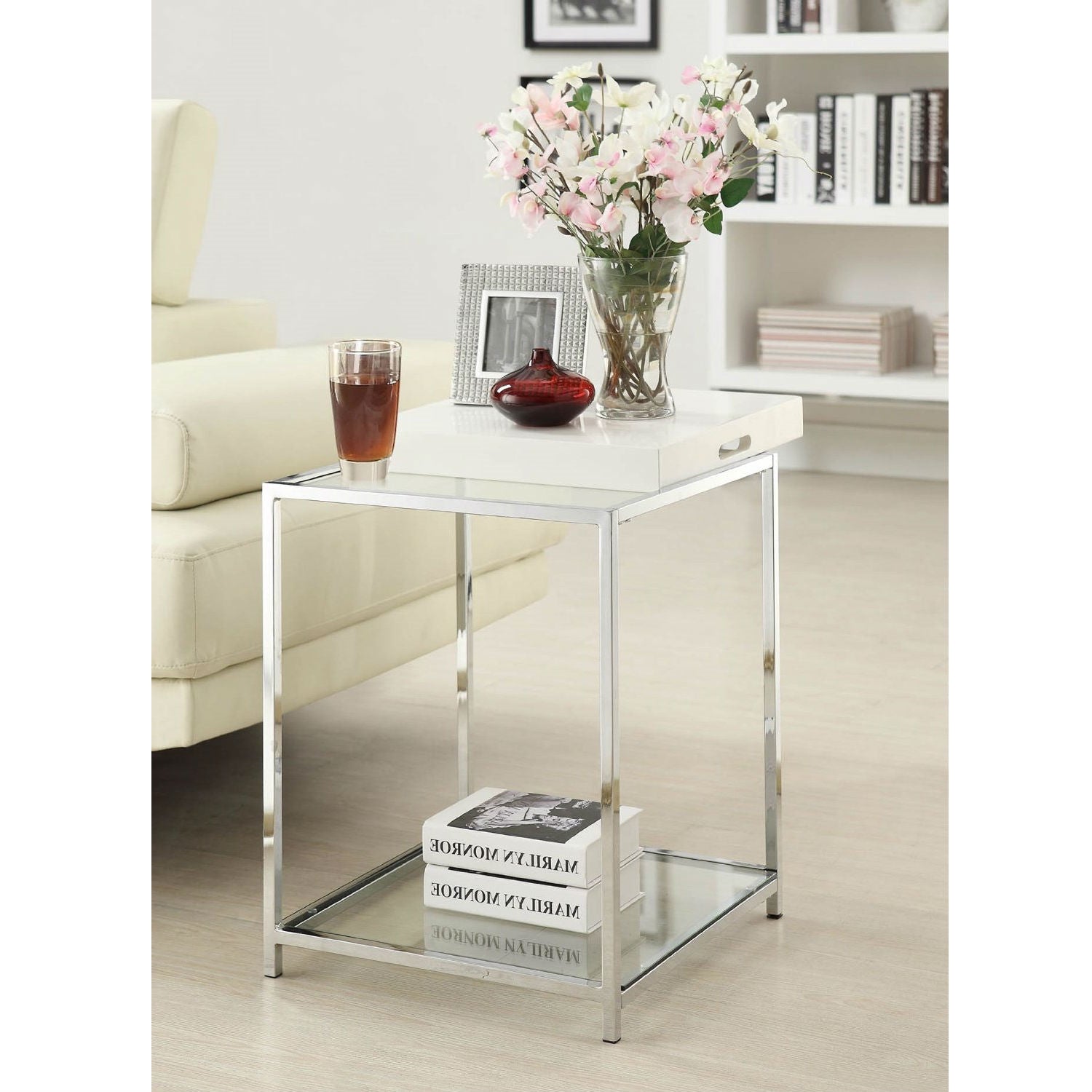 Modern Classic Metal End Table with White Removable Tray-1