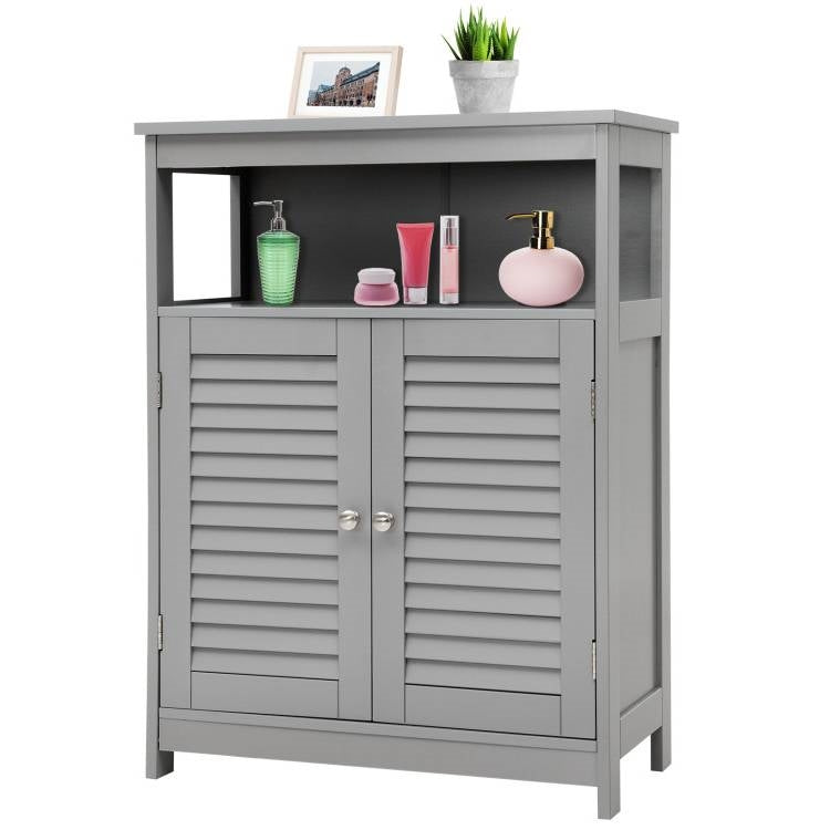 Grey Farmhouse Bathroom Linen Cabinet with Louvered Doors and Open Shelf