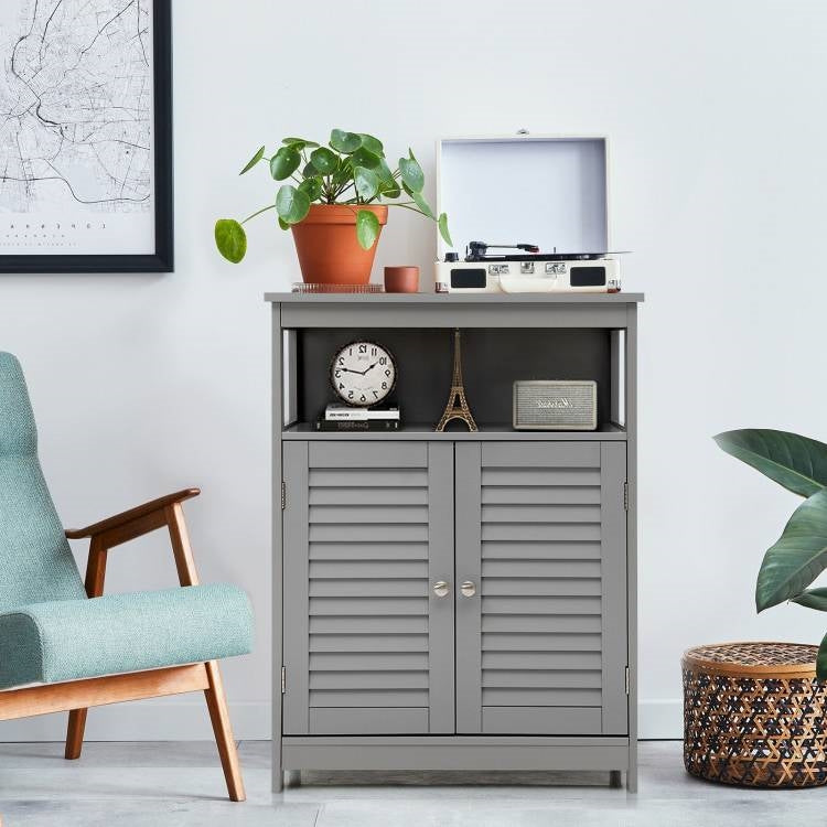 Grey Farmhouse Bathroom Linen Cabinet with Louvered Doors and Open Shelf-3
