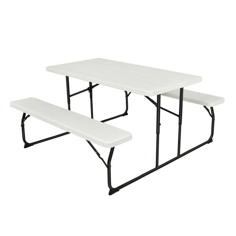 Folding White HDPE Picnic Table with 2 Benches Outdoor Patio Furniture Set-0