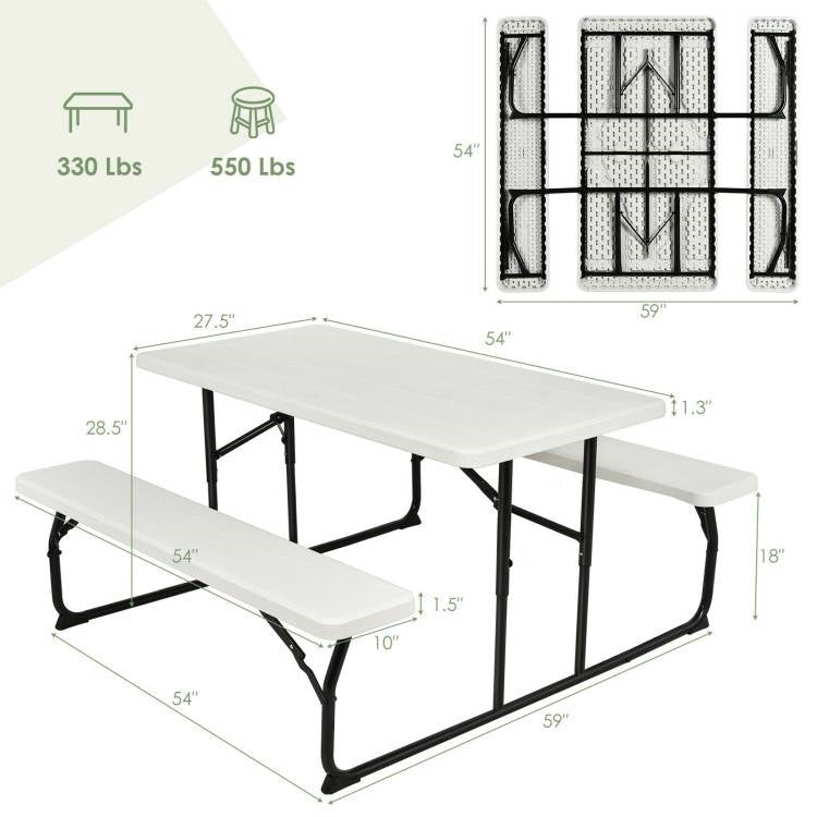 Folding White HDPE Picnic Table with 2 Benches Outdoor Patio Furniture Set-4