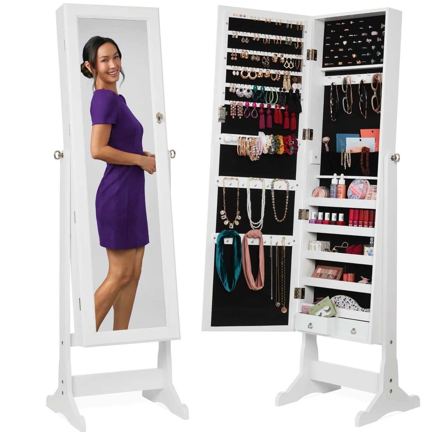 2-in-1 White Freestanding Mirror / Jewelry Organizer Armoire Cabinet-0