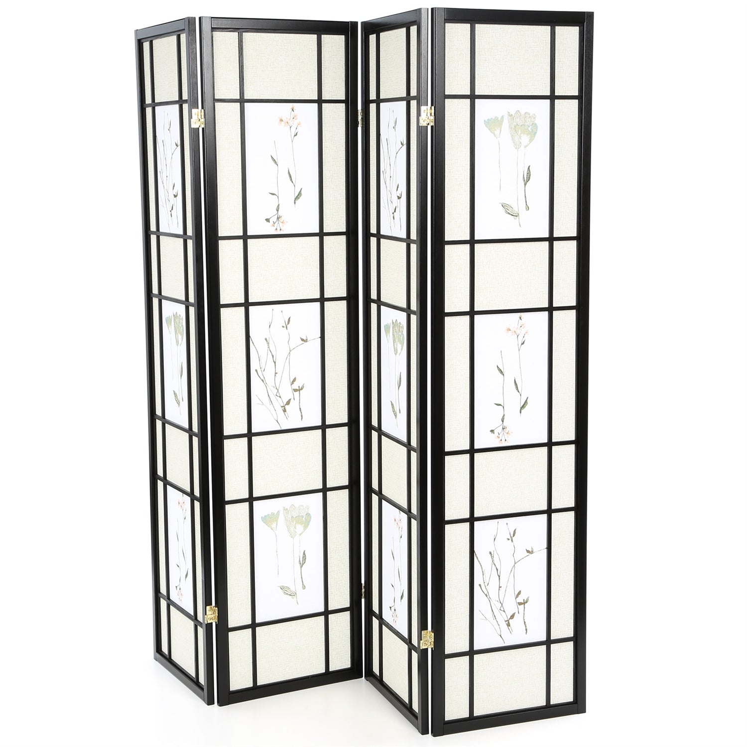 Black 4-Panel Room Divider Shoji Screen with Asian Floral Print-0