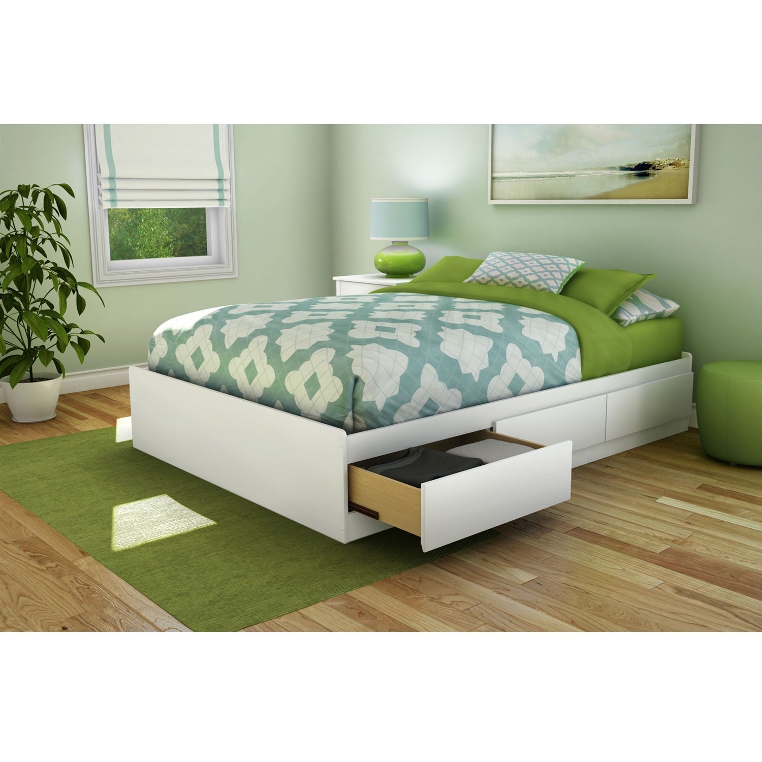 Full size Contemporary Platform Bed with 3 Storage Drawers in White-0