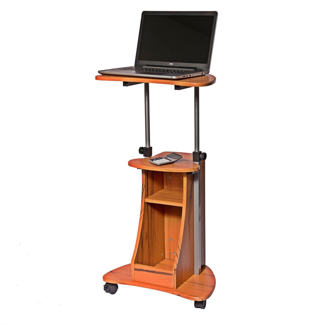 Mobile Sit Down Stand Up Desk Adjustable Height Laptop Cart in Wood-grain Finish-0