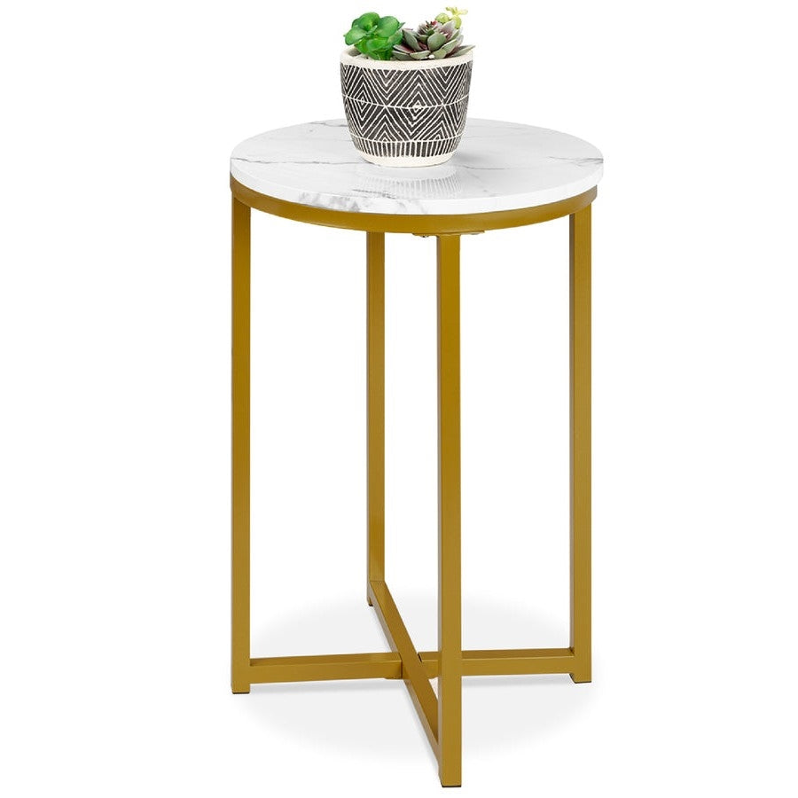 Round Cross Leg Design Coffee Side Table Nightstand with Faux Marble Top White/Gold-0