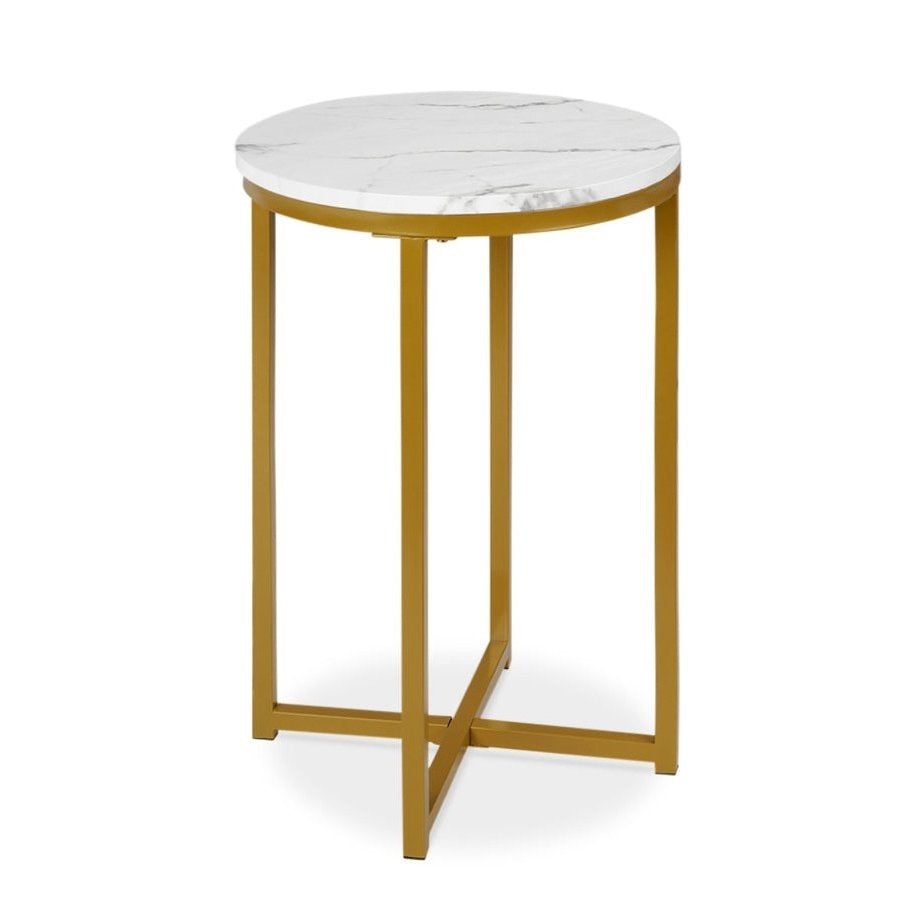 Round Cross Leg Design Coffee Side Table Nightstand with Faux Marble Top White/Gold-1