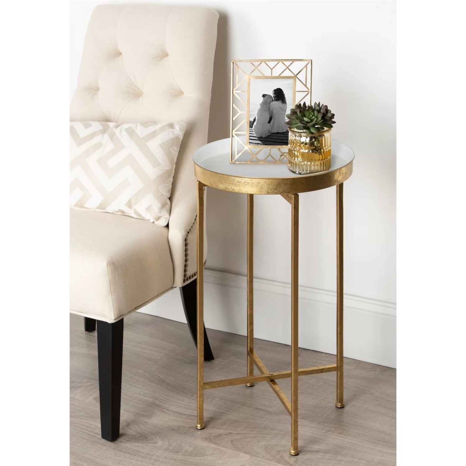 Gold Metal Round Nightstand End Table with Removable White Tray Top-0