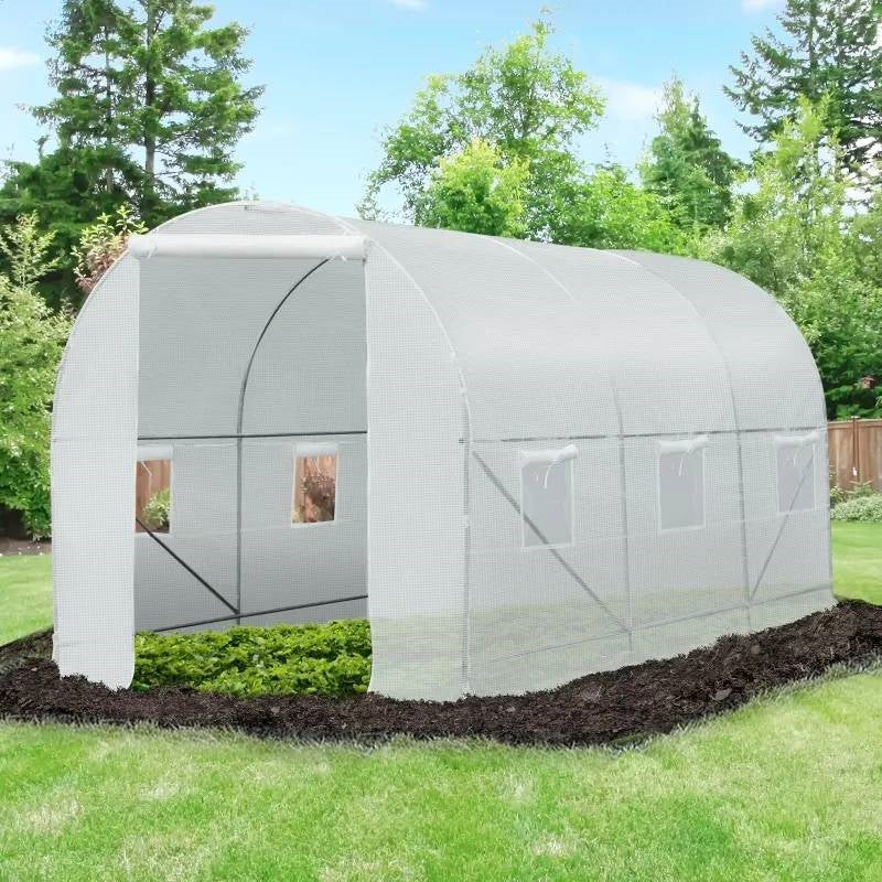 14.7 Ft x 6.5 Ft Outdoor Greenhouse w/ Heavy Duty Steel Frame and White PE Cover-0