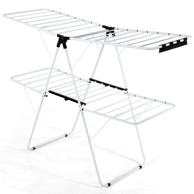 White 2 Level Foldable Clothes Drying Rack Adjustable Height-0