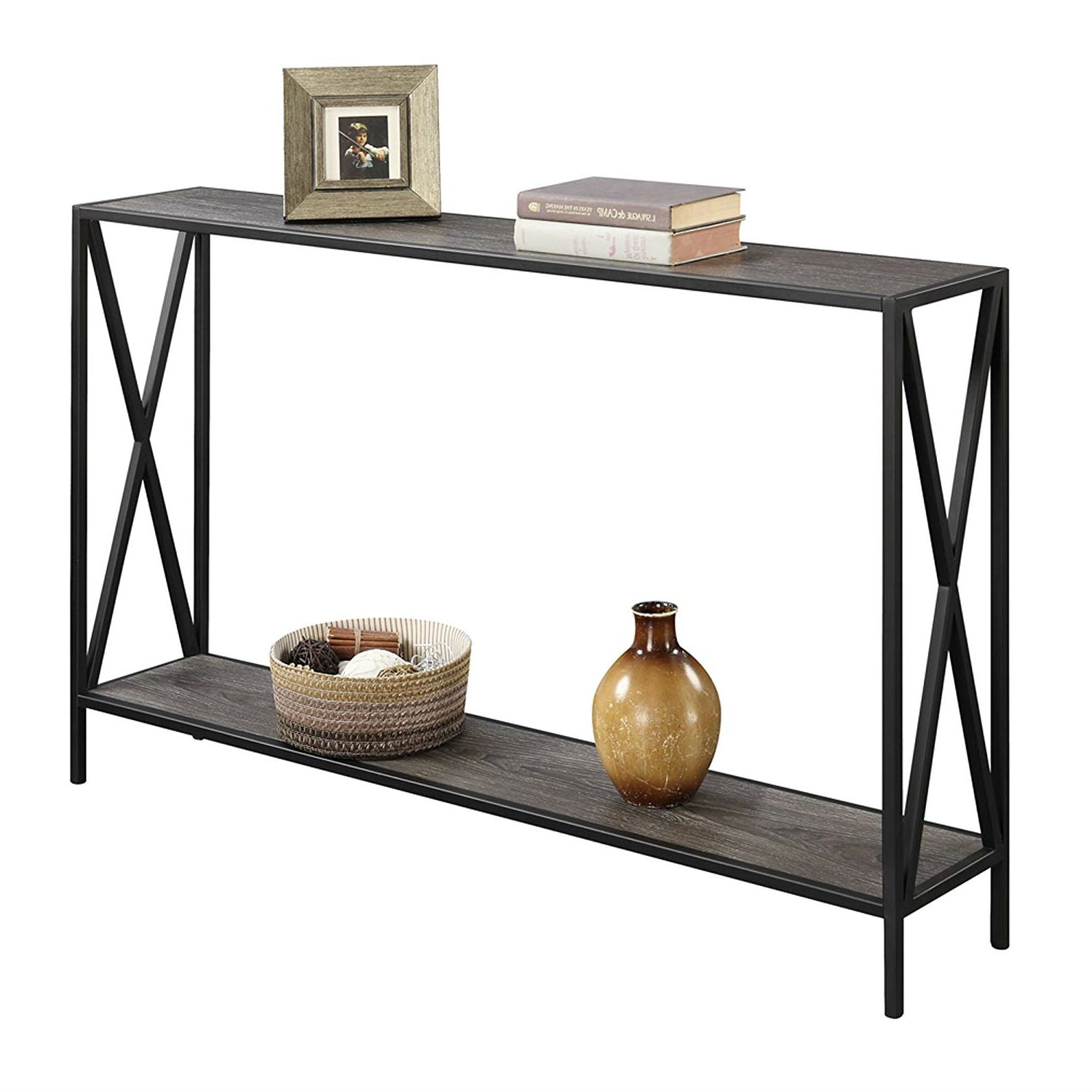 Weathered Grey Wood Console Sofa Table with Bottom Shelf and Metal Frame-0