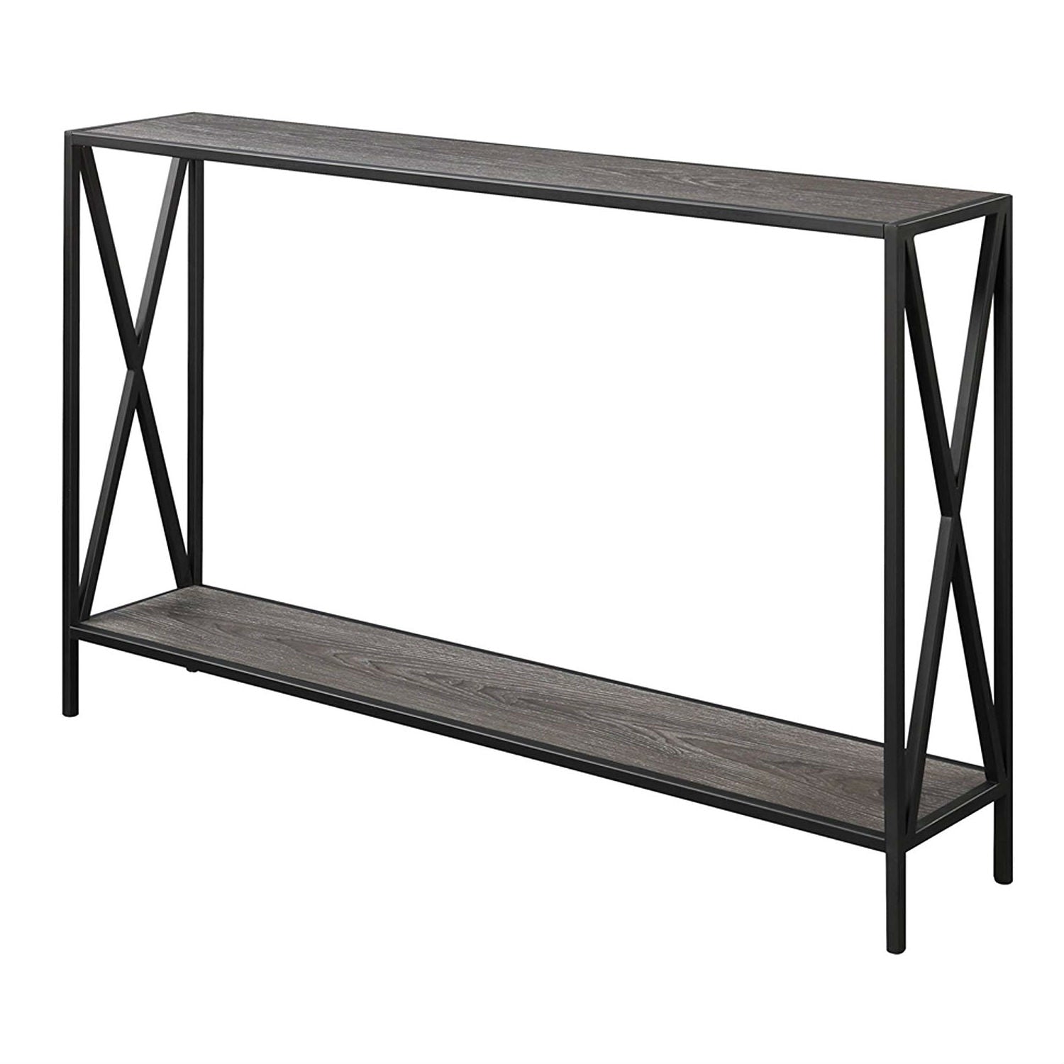 Weathered Grey Wood Console Sofa Table with Bottom Shelf and Metal Frame-1