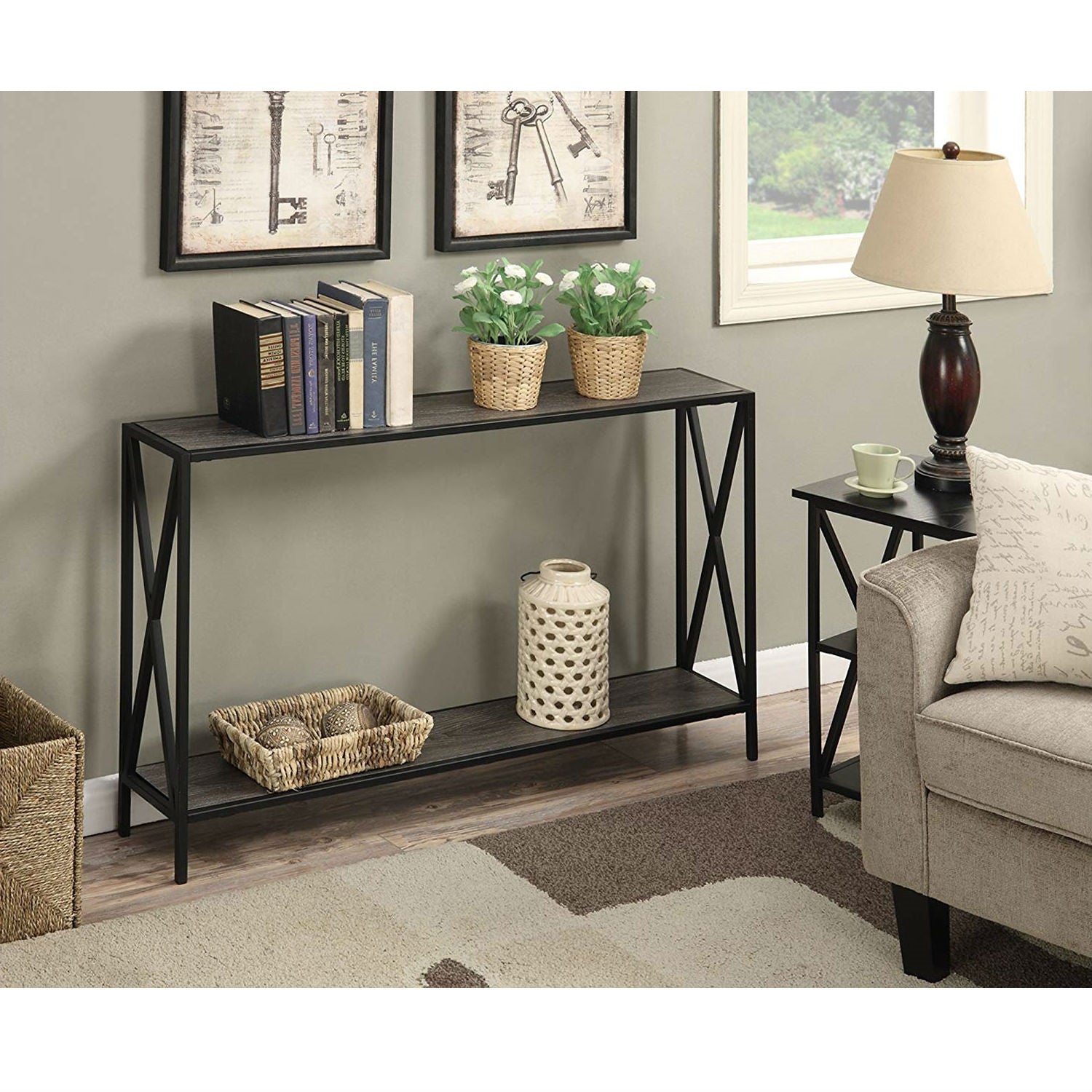 Weathered Grey Wood Console Sofa Table with Bottom Shelf and Metal Frame-2