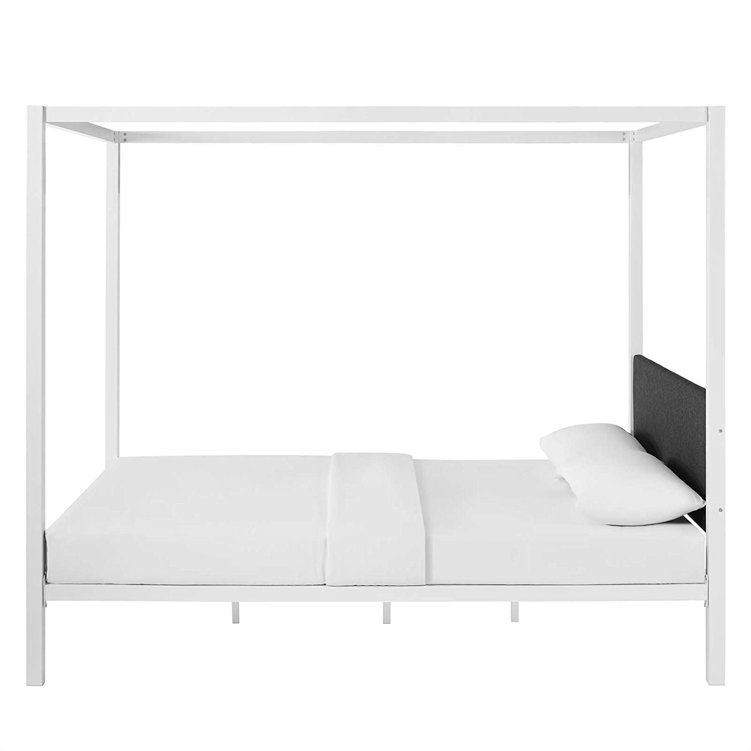 Queen size White Metal Canopy Bed Frame with Grey Fabric Upholstered Headboard-2