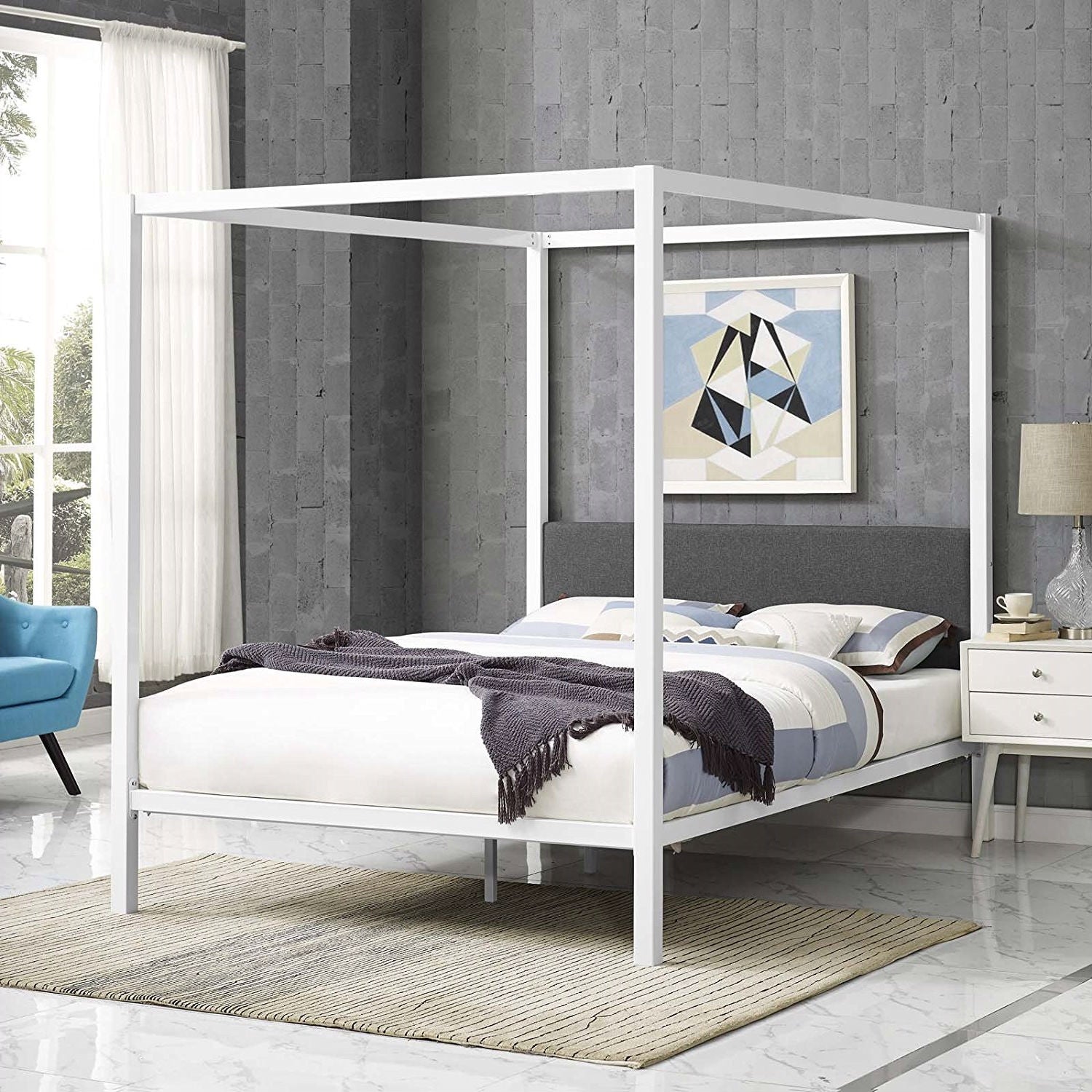 Queen size White Metal Canopy Bed Frame with Grey Fabric Upholstered Headboard-3