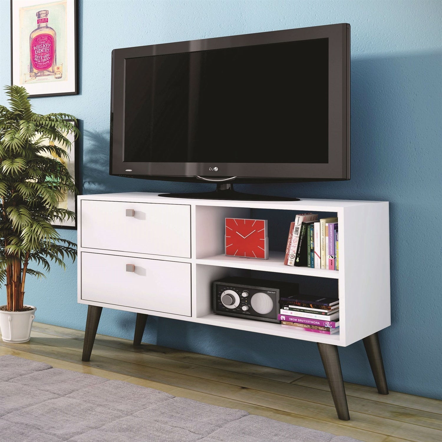 White Grey Wood Modern Classic Mid-Century Style TV Stand Entertainment Center-1