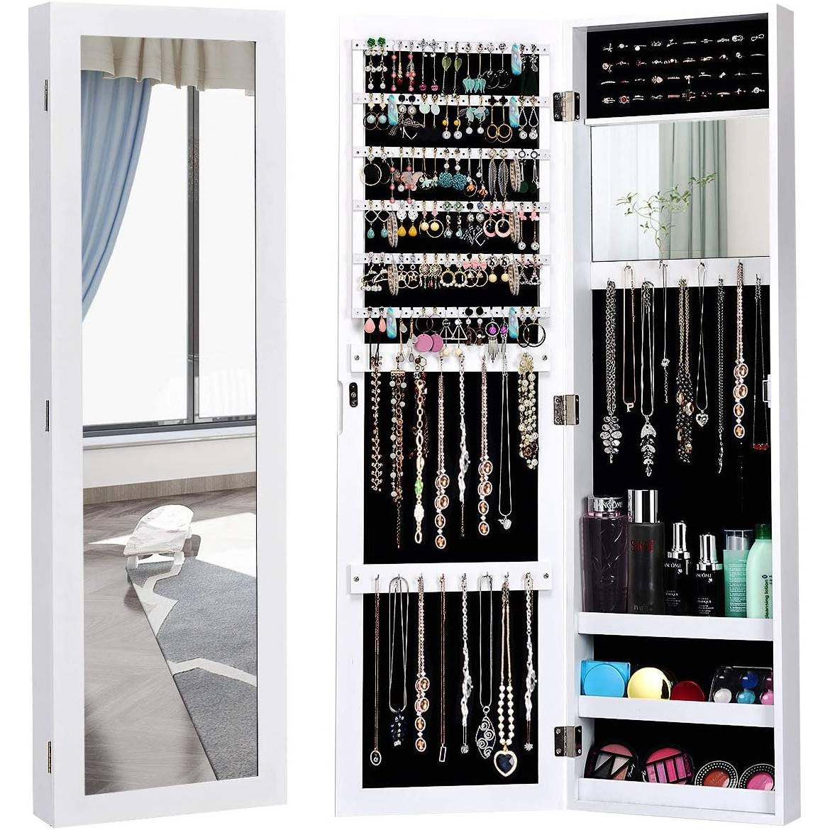 2-in-1 Wall or Door Mounted Jewelry Organizer Full Length Mirror in White-1