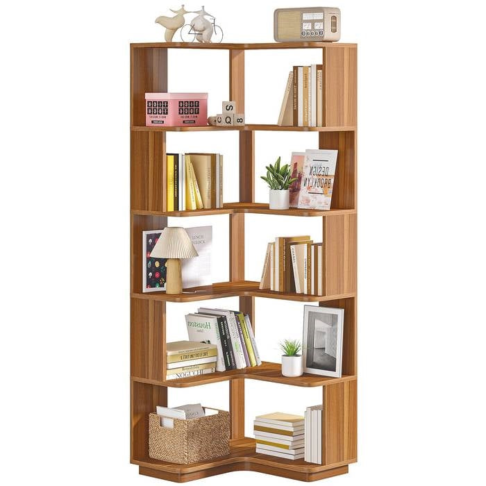 Multifunctional 6 Shelf Corner L-Shaped Bookcase in Brown Wood Finish-0