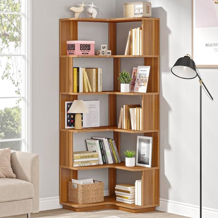 Multifunctional 6 Shelf Corner L-Shaped Bookcase in Brown Wood Finish-1