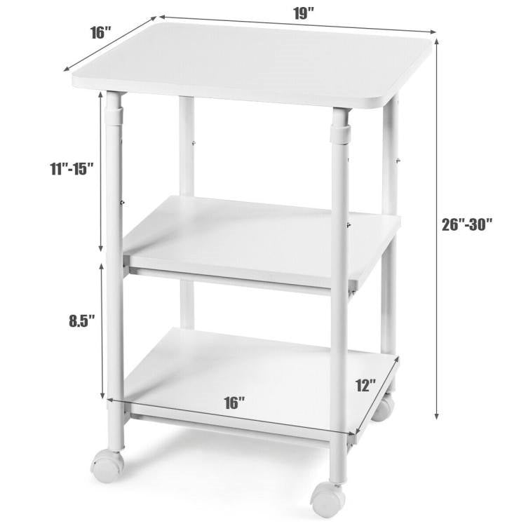 White Multifunction Adjustable Height 3-tier Printer Stand on Wheels-3