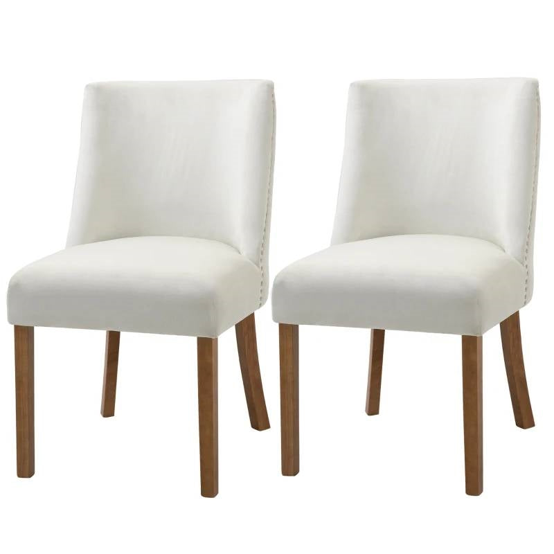 Set of 2 Modern Nailhead Diamond Stitch Upholstered Dining Chairs Beige White-0