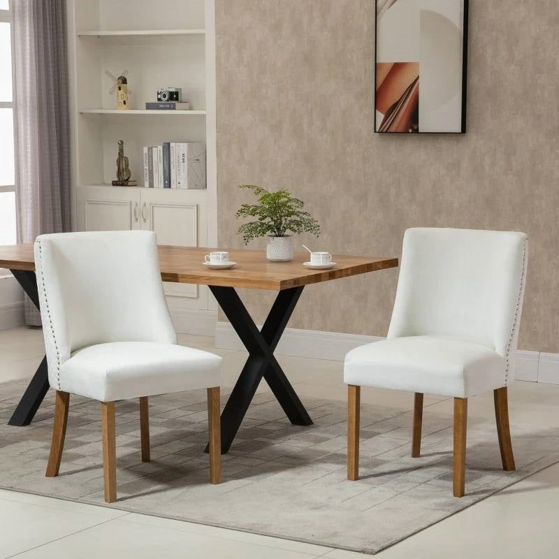 Set of 2 Modern Nailhead Diamond Stitch Upholstered Dining Chairs Beige White-2