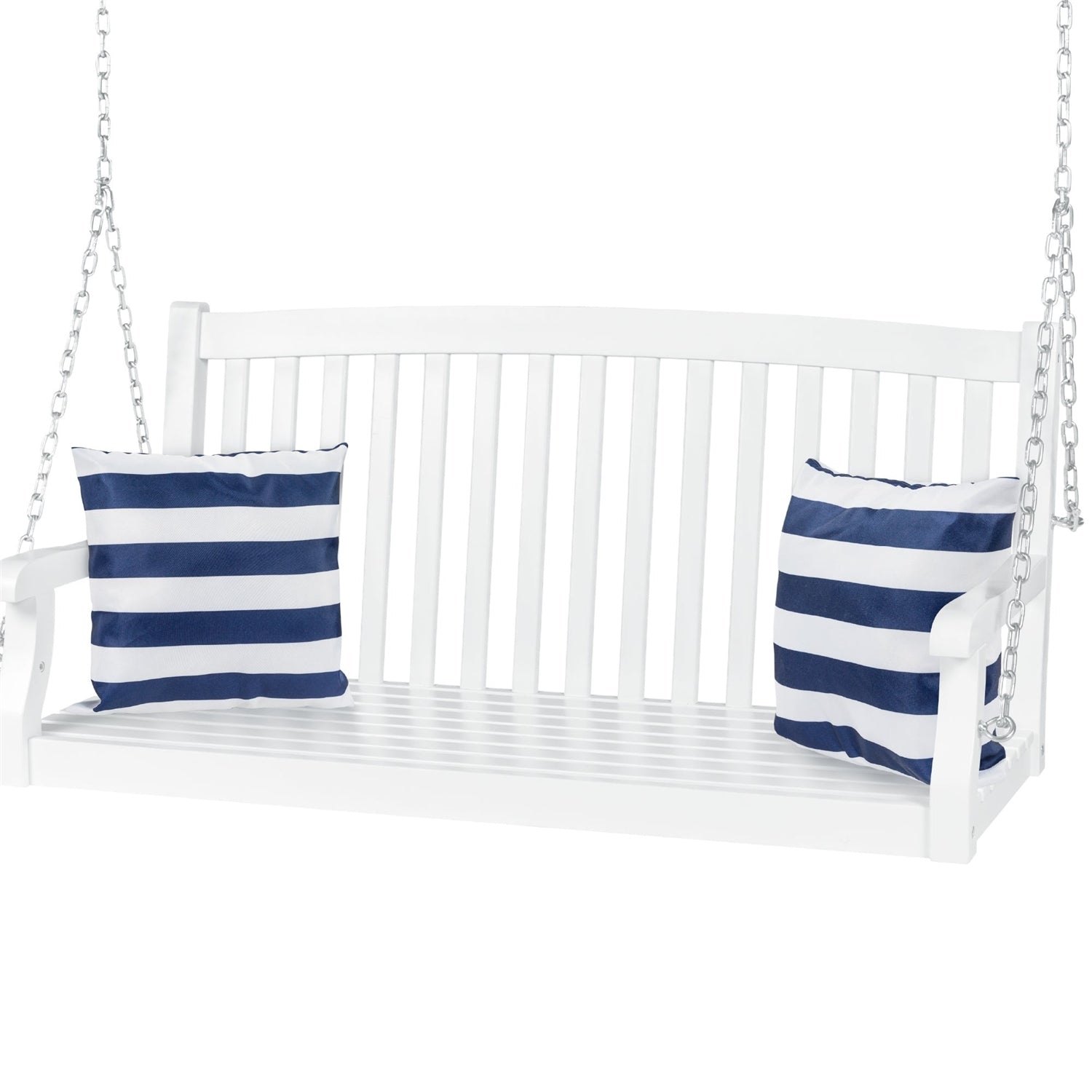 White Acacia Wooden Curved Back Hanging Porch Swing Bench with Mounting Chains-0