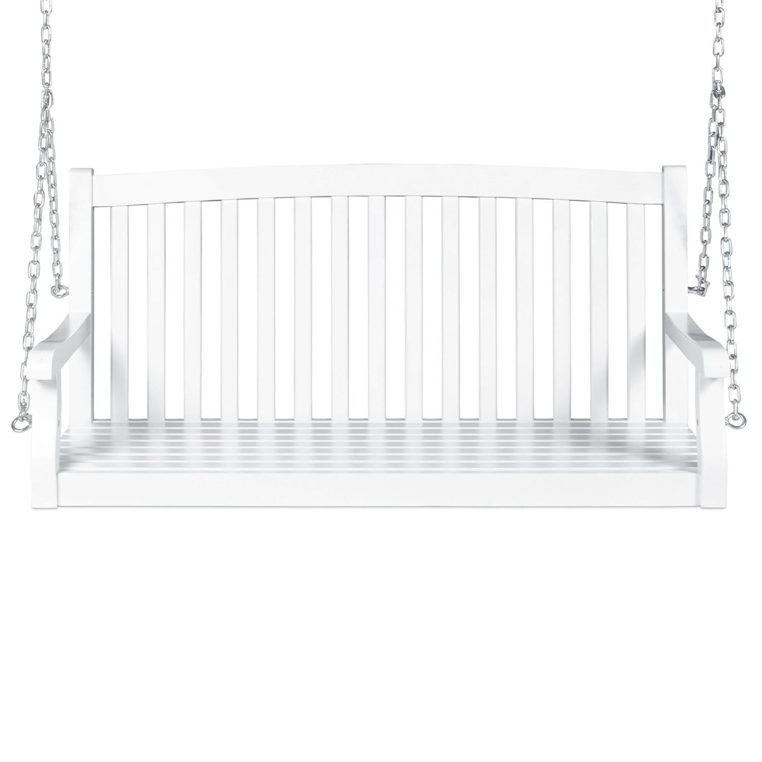 White Acacia Wooden Curved Back Hanging Porch Swing Bench with Mounting Chains-1