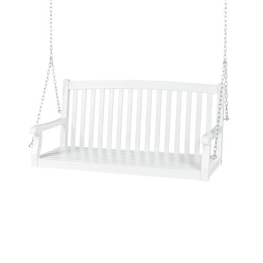 White Acacia Wooden Curved Back Hanging Porch Swing Bench with Mounting Chains-2