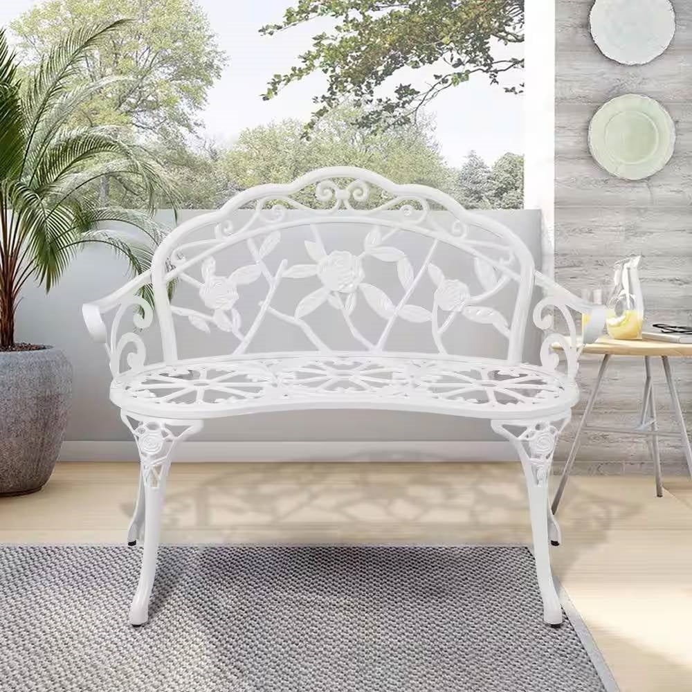 Outdoor Patio 39-inch Garden Bench with Backrest in White Metal Finish-0