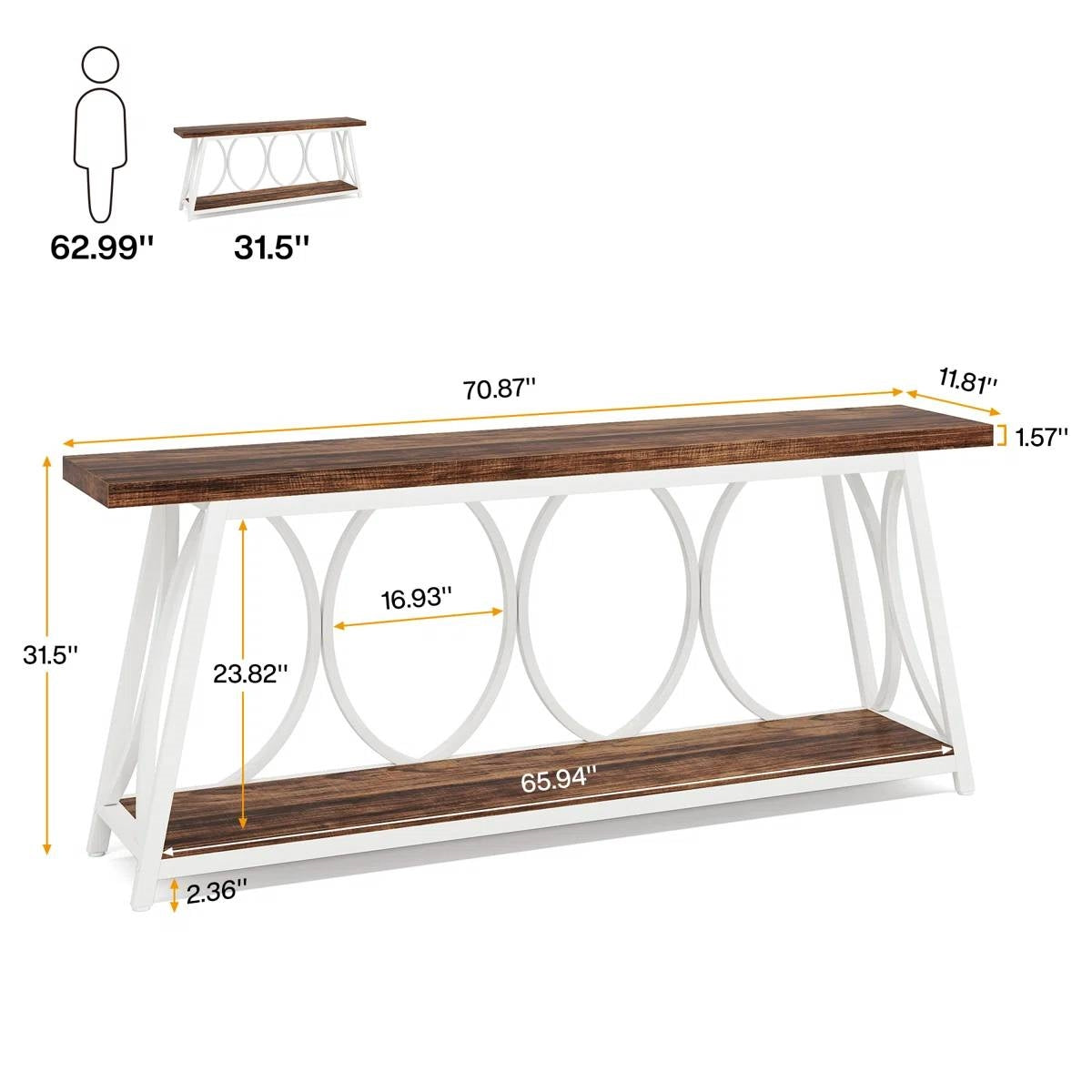 Industrial 70-inch Brown Wood Top Sofa Table with Heavy Duty White Metal Frame-4