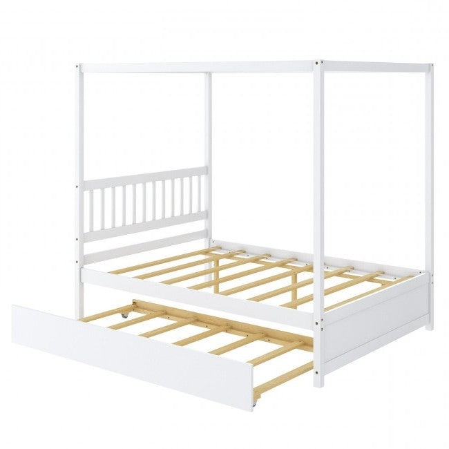 White Full Size Canopy Platform Bed with Twin Roller Trundle Bed-0