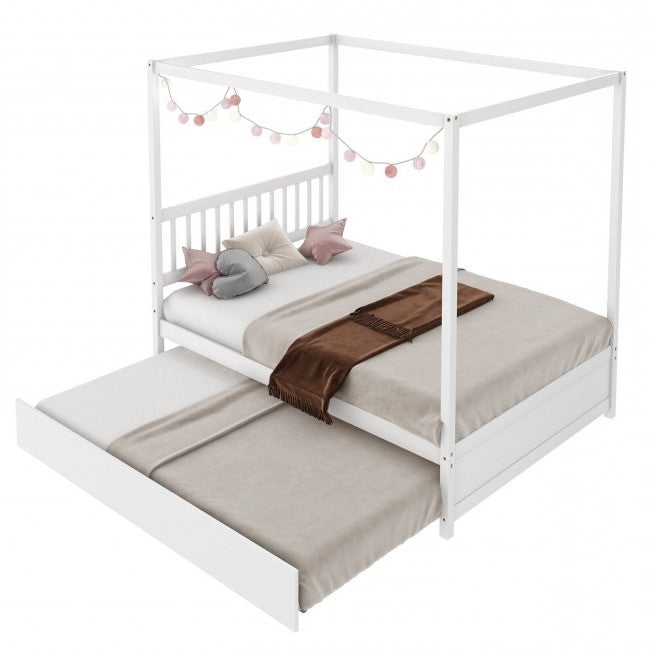 White Full Size Canopy Platform Bed with Twin Roller Trundle Bed-1