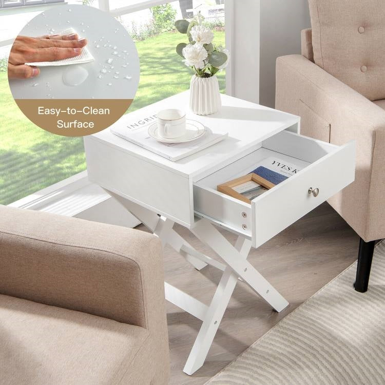 X-Shape 1 Drawer Nightstand End/Side Table Storage in White-1