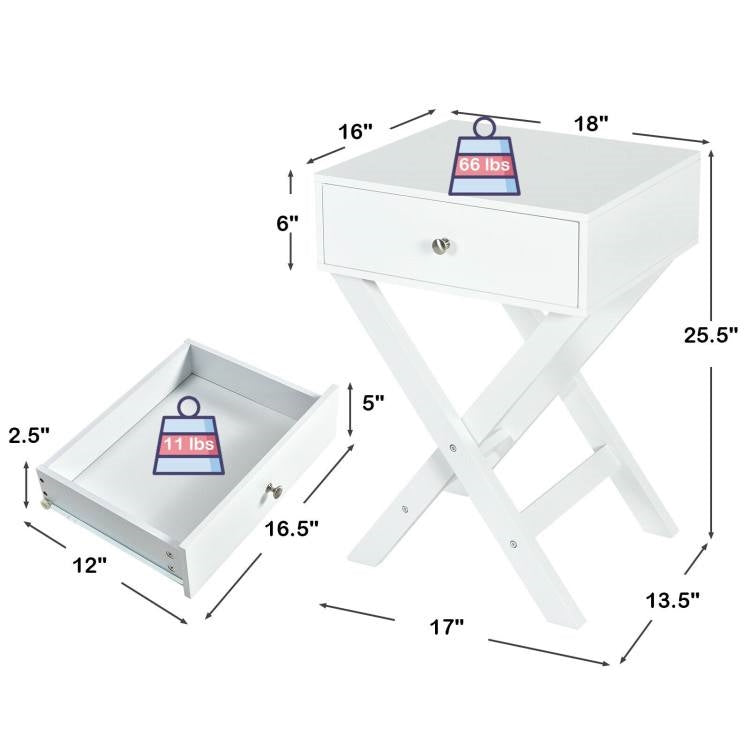 X-Shape 1 Drawer Nightstand End/Side Table Storage in White-3