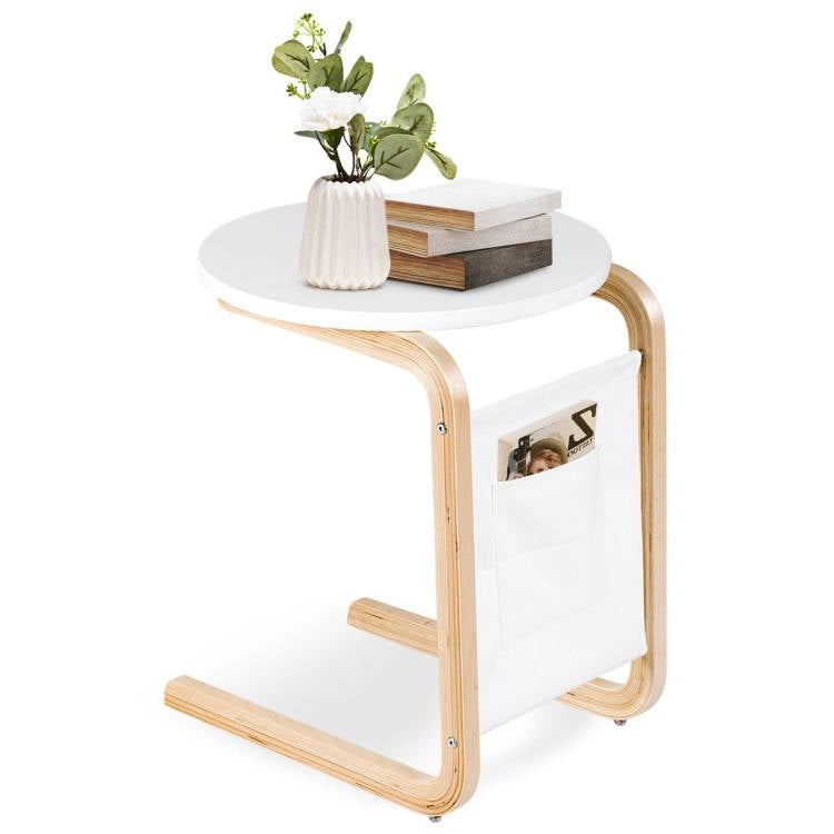 Birch Wood White Side Table TV Tray with Storage Bag-0