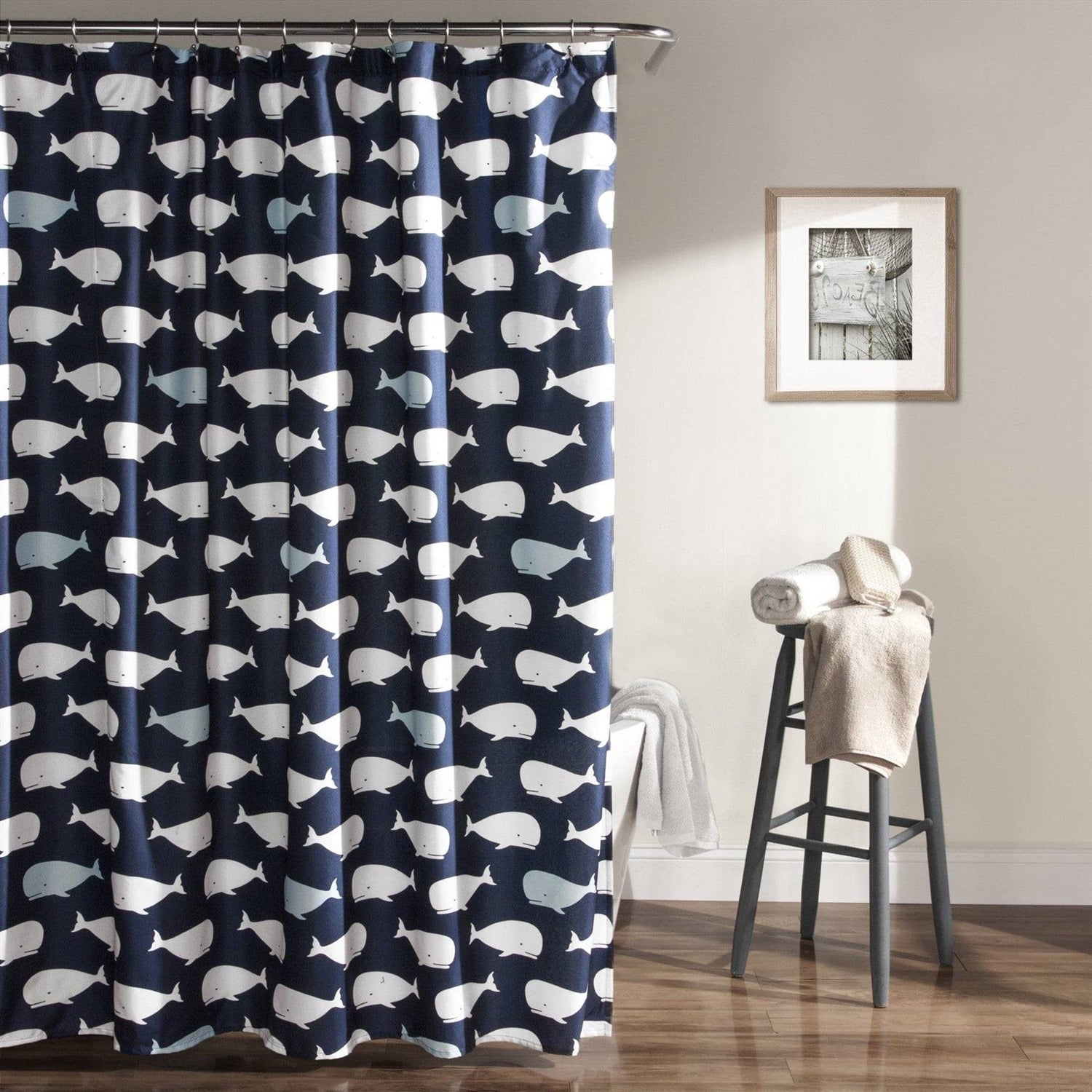 72-inch Navy White Nautical Whales Polyester Shower Curtain-0