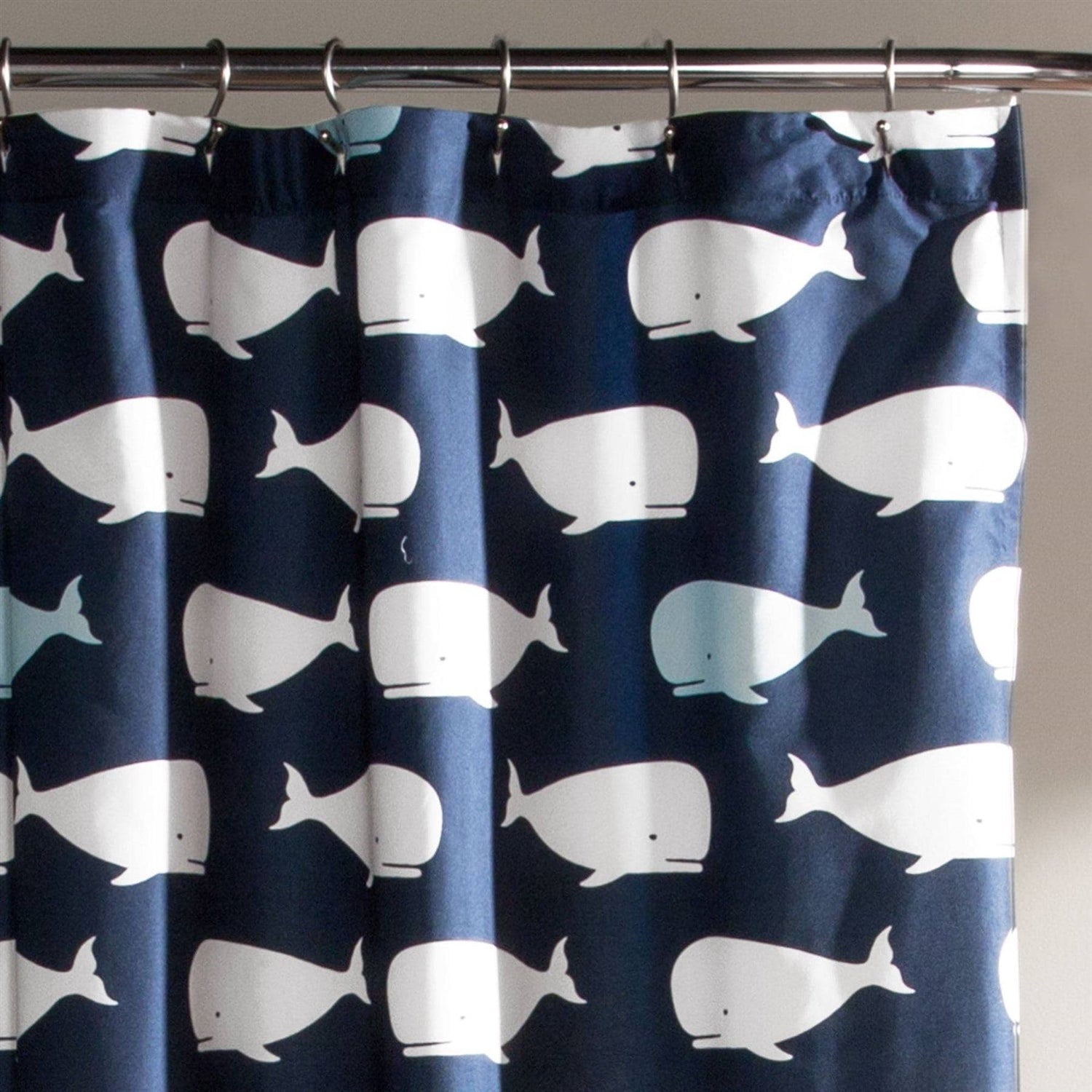 72-inch Navy White Nautical Whales Polyester Shower Curtain-1