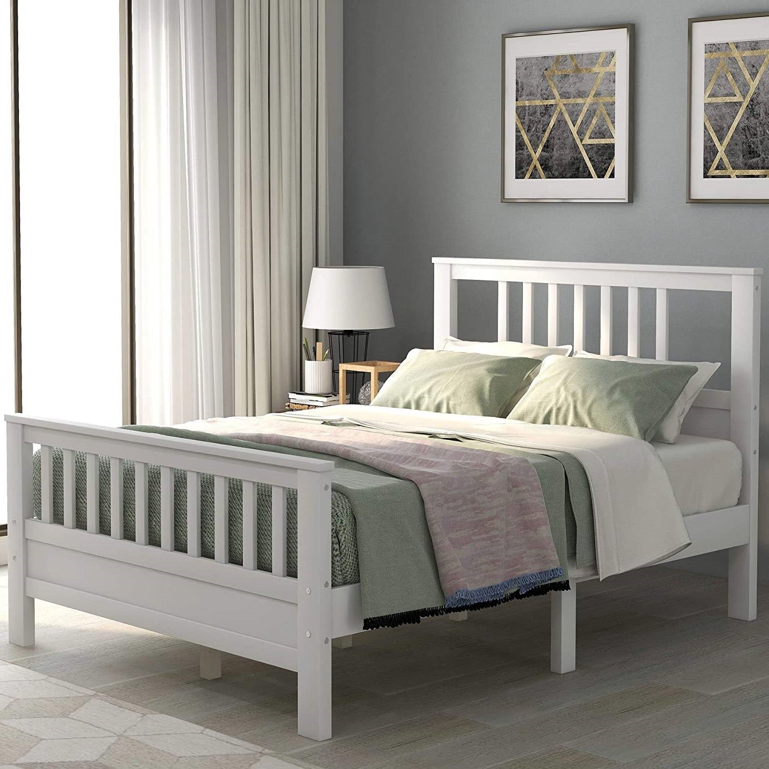 White Pine Wood Slatted Platform Headboard Footboard Full Size Bed-2