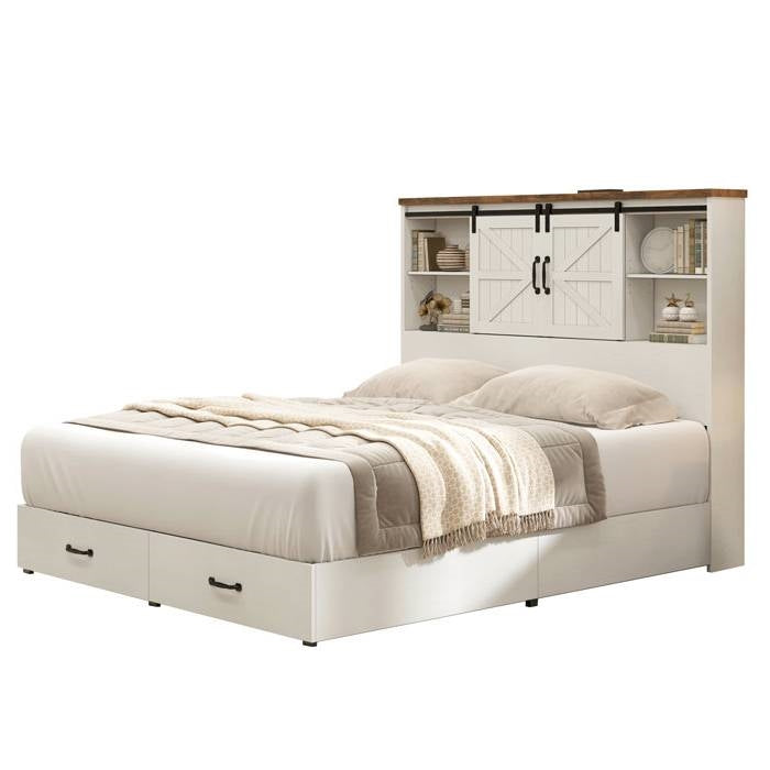 Queen White Farmhouse Platform Bed with Bookcase Headboard and Storage Drawers-0