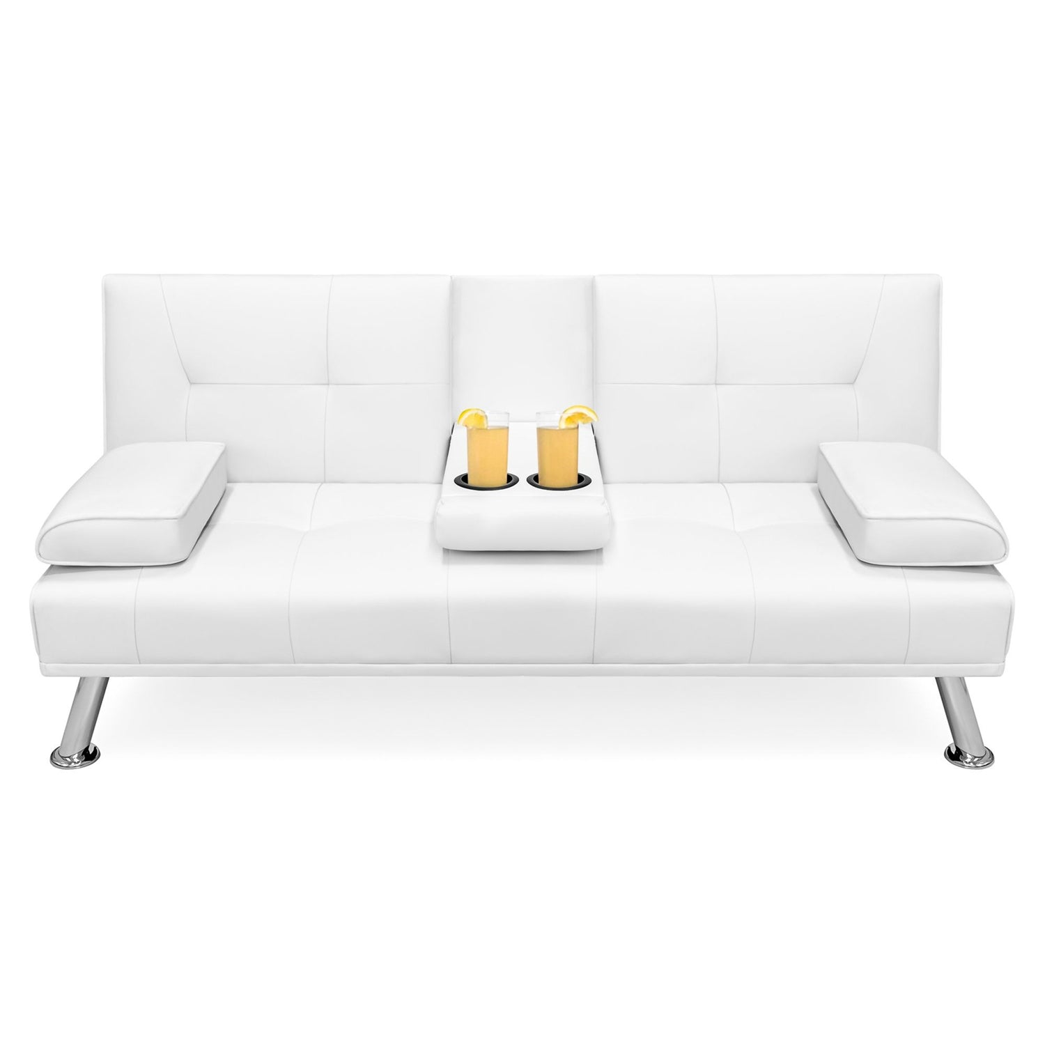 White Faux Leather Convertible Sofa Futon with 2 Cup Holders-0